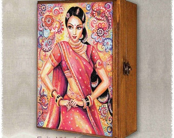 Impresión de danza clásica india en caja de madera natural, manos Arangetram mudra, cofre de baratijas de recuerdos del tesoro