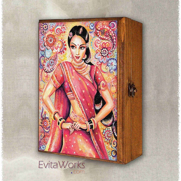 Indian classic dance print on natural wooden box, Arangetram mudra hands, treasure memories trinket chest