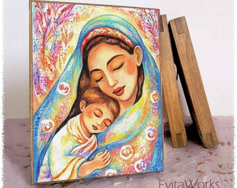 Mother loving child print on natural wooden block, spiritual maternity, modern Christian art decor