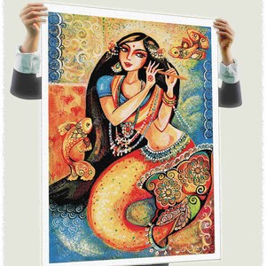 Indian dancer home decor artwork, Madhubani mermaid print image 3