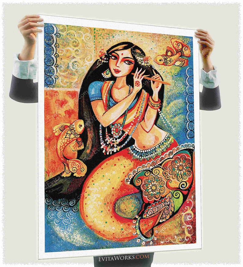 Indian dancer home decor artwork, Madhubani mermaid print image 3