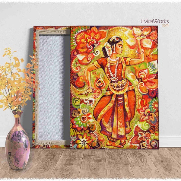 Indian classic dancer on canvas, Bharatanatyam, hands henna woman sari dress