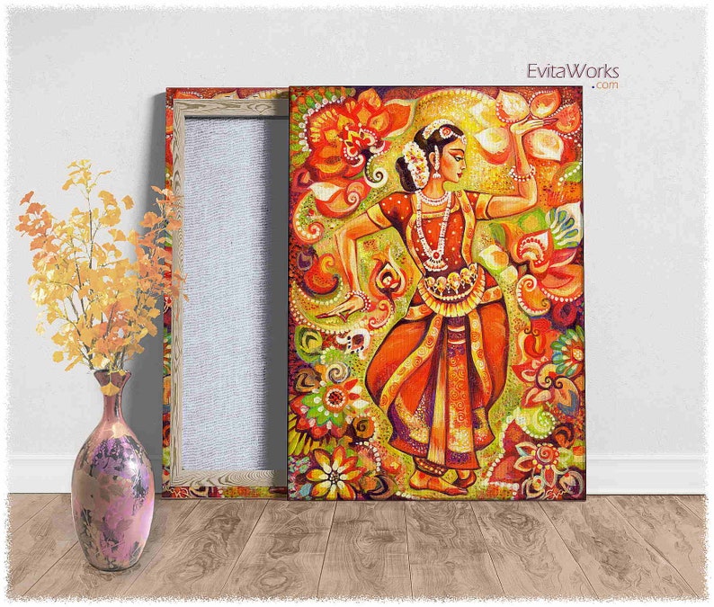 Indian classic dancer on canvas, Bharatanatyam, hands henna woman sari dress image 1