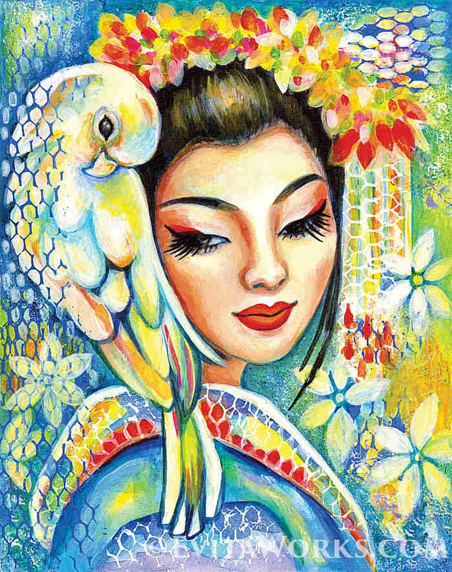 Geisha painting Japanese woman woman with parrot bird wall image 0.