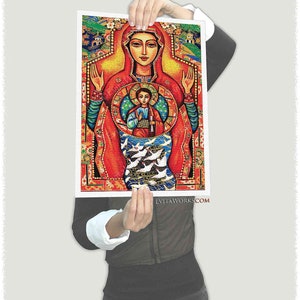 Blessed Mother Mary and Jesus child of God, canvas icon, modern Christian art decor image 4