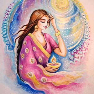 Reflexões Etéreas - Pintura em Aquarela Original - Feminilidade Fantástica, Reinos Místicos, Ilustração de Sol e Lua, Pintura de Mulher Mística