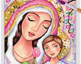 Obras de arte de la Virgen y el Niño, decoración de la pared de arte cristiano moderno, divina femenina