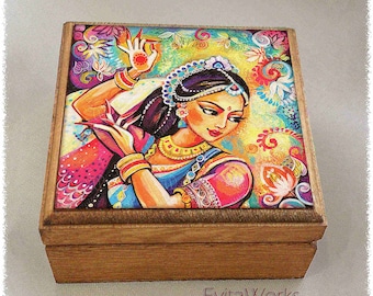 Indian dancer woman print on natural wooden box, henna tattoo, Mudra hands, treasure memories trinket chest