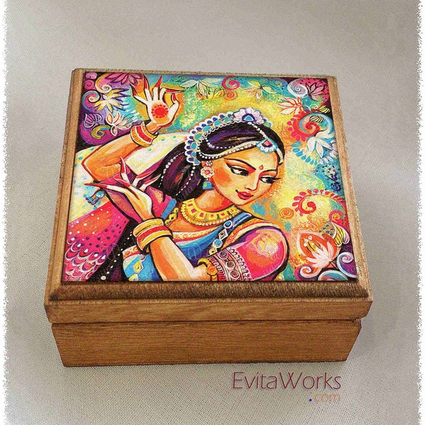 Indian dancer woman print on natural wooden box, henna tattoo, Mudra hands, treasure memories trinket chest