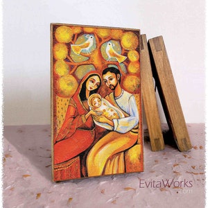 Sacra Famiglia, presepe, stampa su icona a blocco di legno naturale, è nato un Salvatore, altare domestico cattolico, amore del padre, Giuseppe Maria Gesù