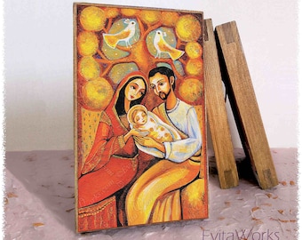 Heilige Familie, Krippe, Druck auf natürlichem Holzblock-Symbol, ein Retter ist geboren, katholischer Hausaltar, Väterliebe, Joseph Mary Jesus