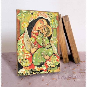 Blessed Mother Mary and Jesus child of God, print on natural wooden block icon, modern Christian art decor
