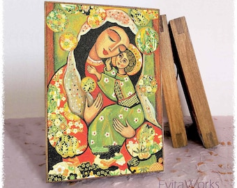 Blessed Mother Mary and Jesus child of God, print on natural wooden block icon, modern Christian art decor