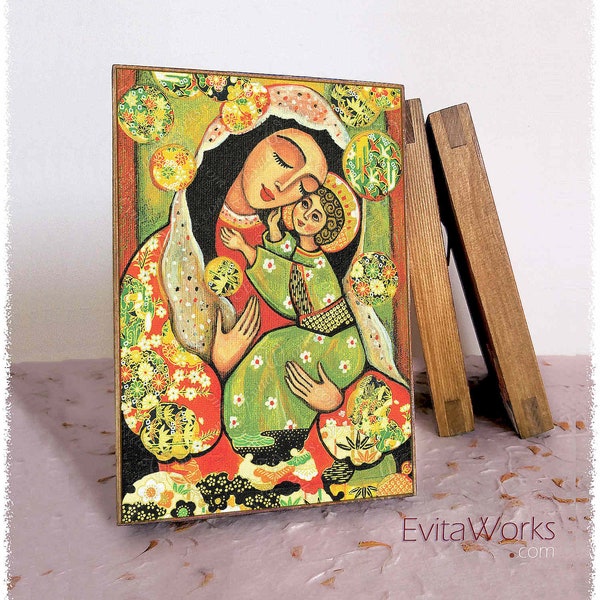 Blessed Mother Mary and Jesus child of God, print on natural wooden block icon, modern Christian art decor