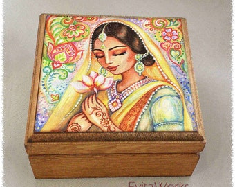 East woman praying print on natural wooden box, lotus flower mudra, divine feminine, treasure memories trinket chest