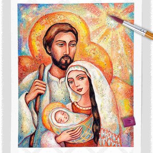 Holy Family, Nativity scene, print on natural wooden block icon, a Savior is Born, Catholic home altar, fathers love, Joseph Mary Jesus image 2