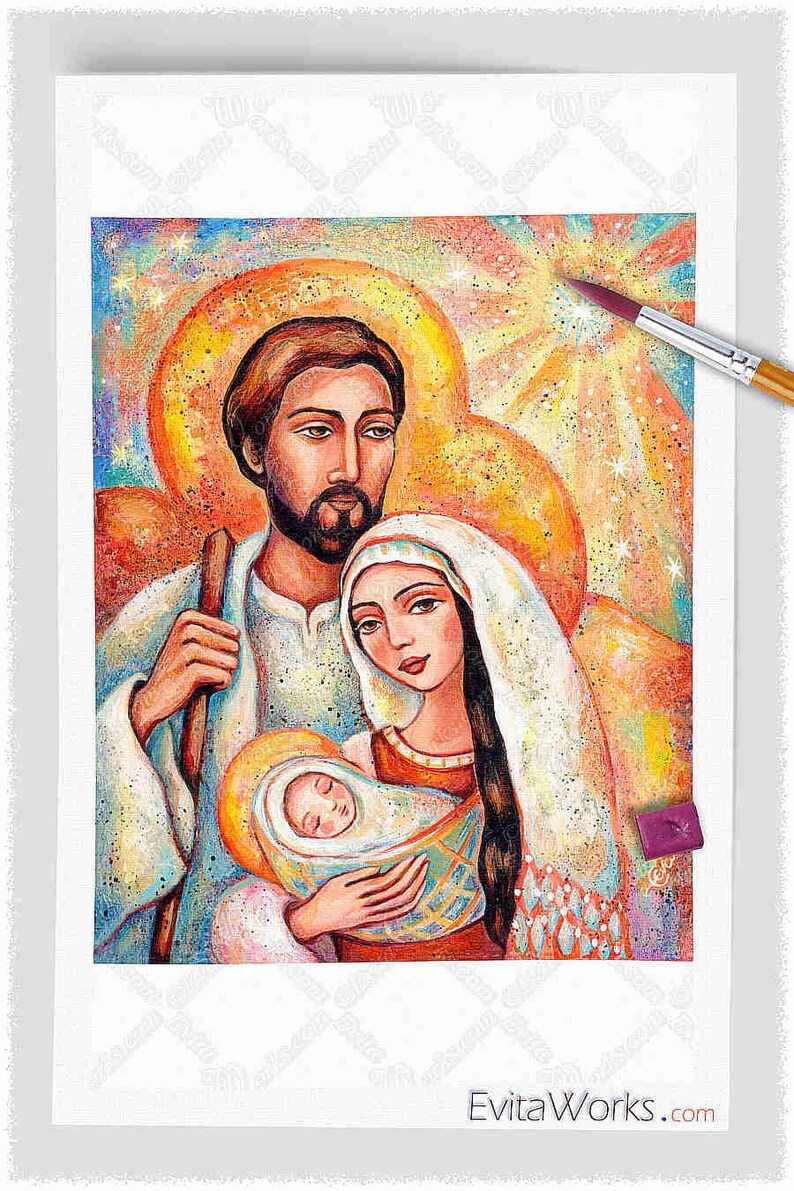 Holy Family, Nativity scene, print on natural wooden block icon, a Savior is Born, Catholic home altar, fathers love, Joseph Mary Jesus image 2