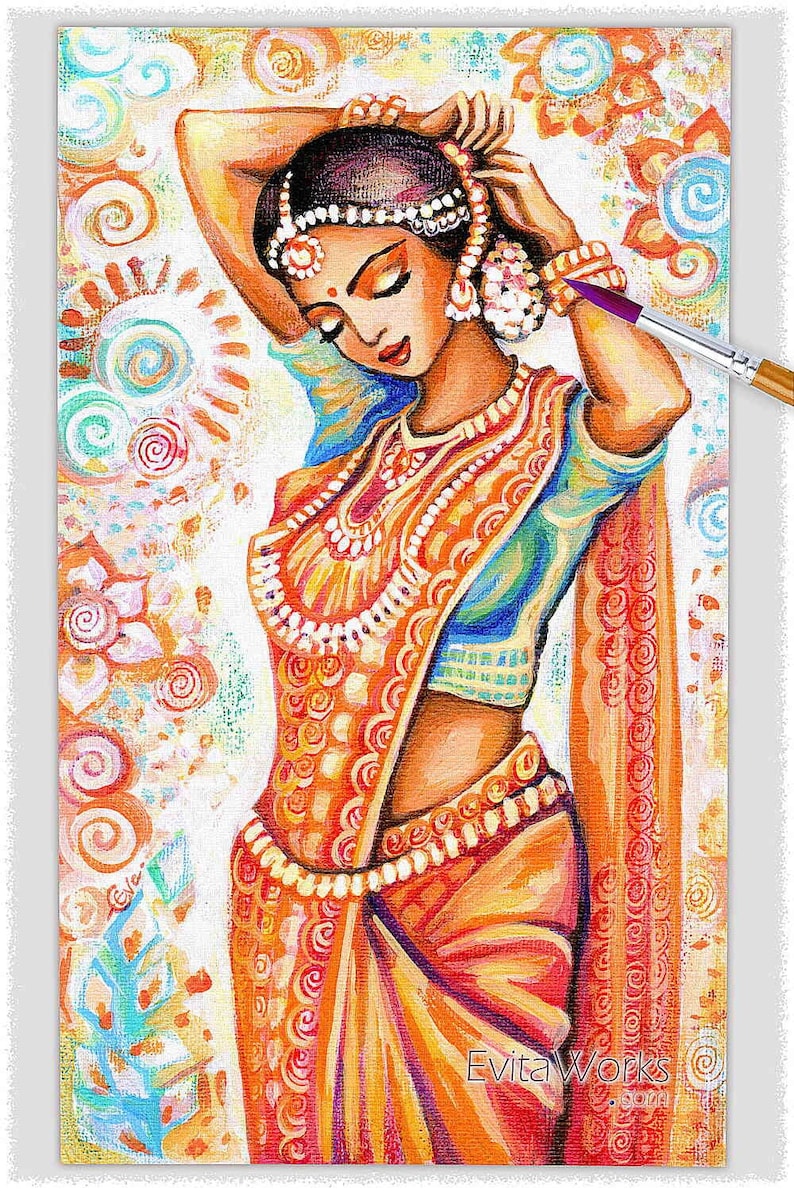 May include: An original painting of a woman in traditional Indian attire. The artwork features a woman in a colorful sari, adorned with jewelry, and a headpiece. The background is decorated with floral and swirl patterns, and the color palette includes orange, yellow, and blue.