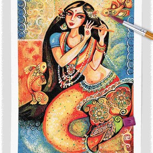 Desi dancer Indian mermaid home on natural wooden block, divine feminine image 2