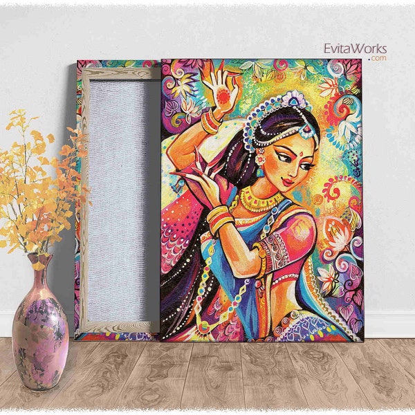 Indian dancer woman on canvas, henna tattoo, Mudra hands