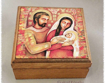 Holy Family, Nativity scene print on natural wooden box, a Savior is Born, Catholic home altar, rosary treasure memories trinket chest