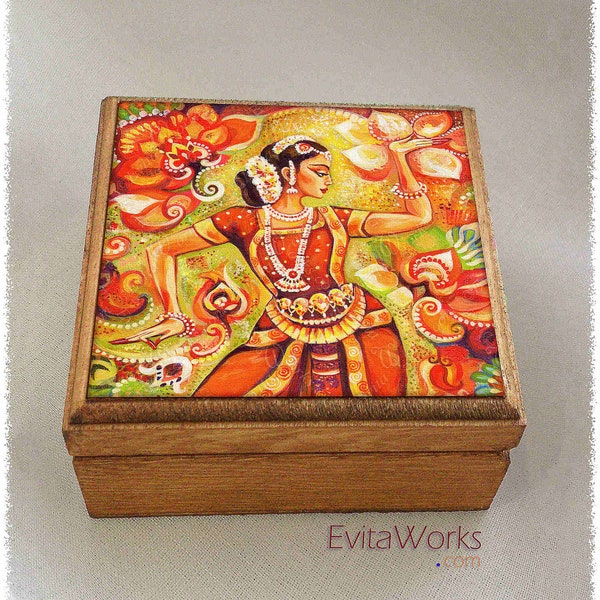 Indian classic dancer print on natural wooden box, Bharatanatyam, hands henna woman sari dress, treasure memories trinket chest