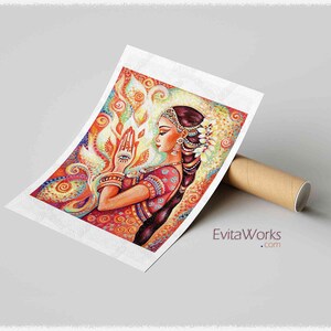 May include: A colorful painting of a woman with a third eye on her hand, wearing a red and gold sari and jewelry. The background is a swirl of colors and patterns.