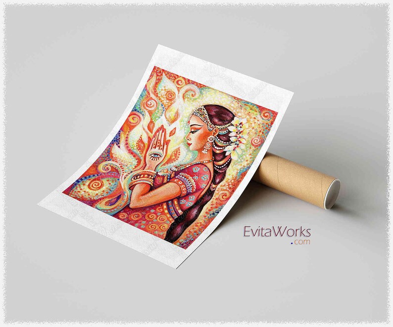 East woman praying artwork, henna tattoo mudra, divine feminine image 4