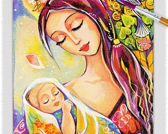 Mother loving child artwork, spiritual maternity, mother and baby print