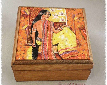 Indian woman in sari print on natural wooden box, Indian goddess art, treasure memories trinket chest