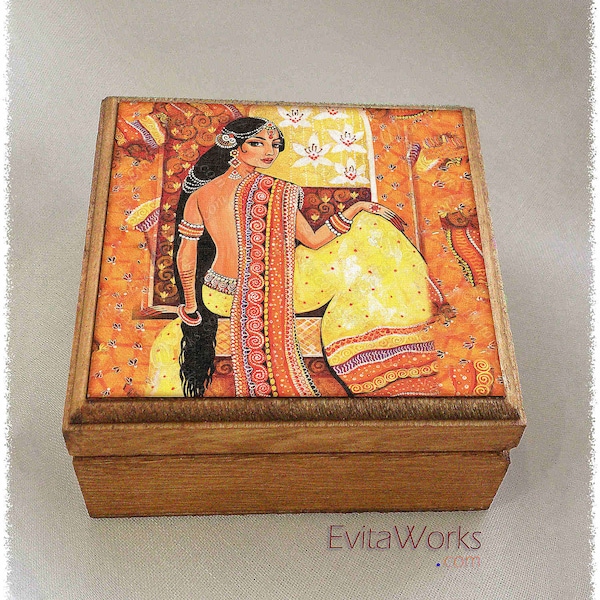 Indian woman in sari print on natural wooden box, Indian goddess art, treasure memories trinket chest