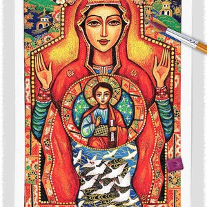 Blessed Mother Mary and Jesus child of God, canvas icon, modern Christian art decor image 3