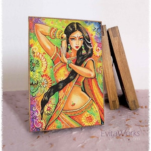 Indian dancer woman print on natural wooden block, Bollywood dancing
