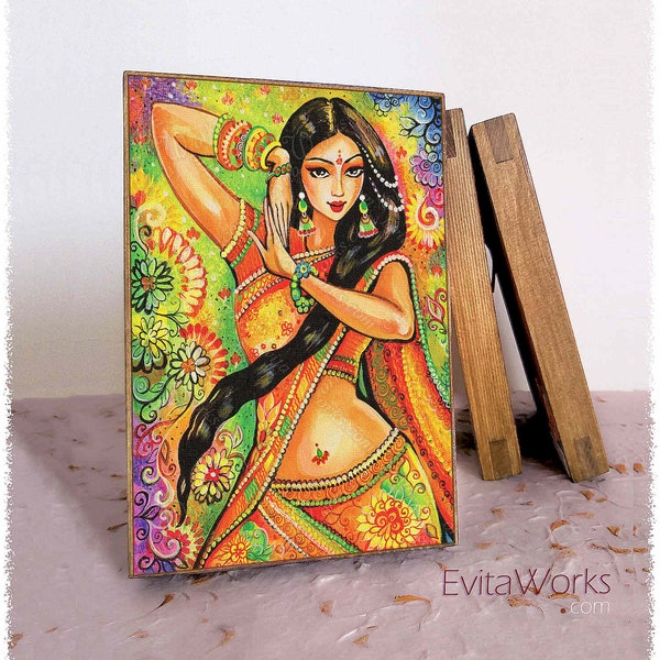 Indian dancer woman print on natural wooden block, Bollywood dancing