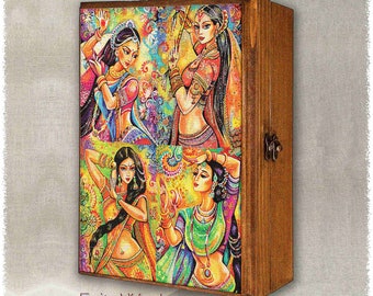 4-in-1 Indian dancer woman print on natural wooden box, Indian goddesses, polyptych, treasure memories trinket chest