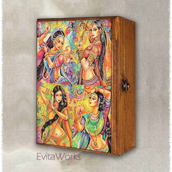 4-in-1 Indian dancer woman print on natural wooden box, Indian goddesses, polyptych, treasure memories trinket chest