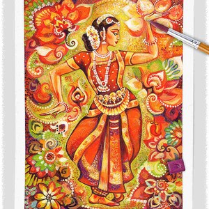 Indian classic dancer on canvas, Bharatanatyam, hands henna woman sari dress image 3