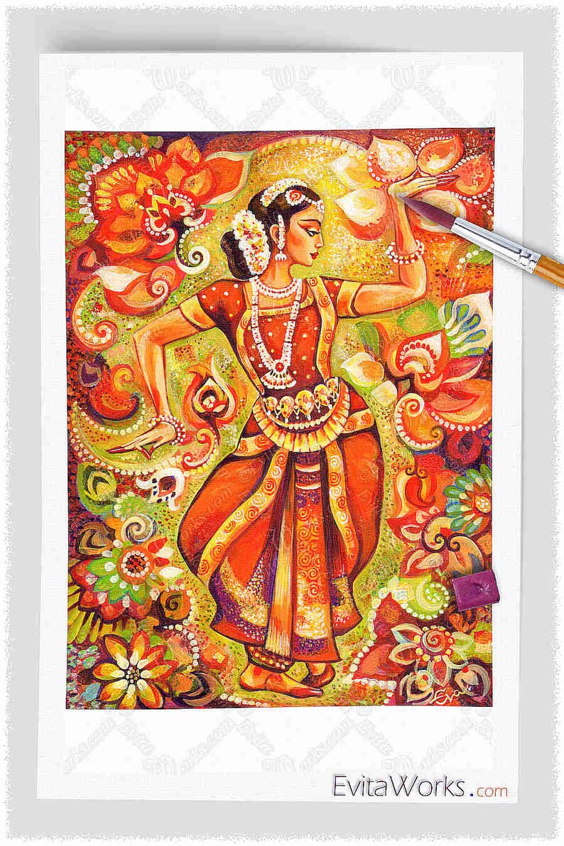 Indian classic dancer on canvas, Bharatanatyam, hands henna woman sari dress image 3