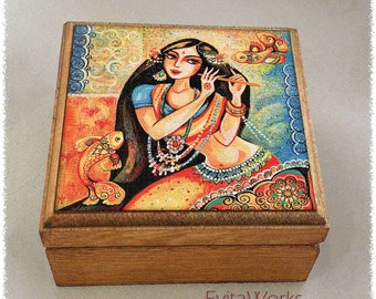 Desi dancer Indian mermaid home print on natural wooden box, divine feminine, treasure memories trinket chest