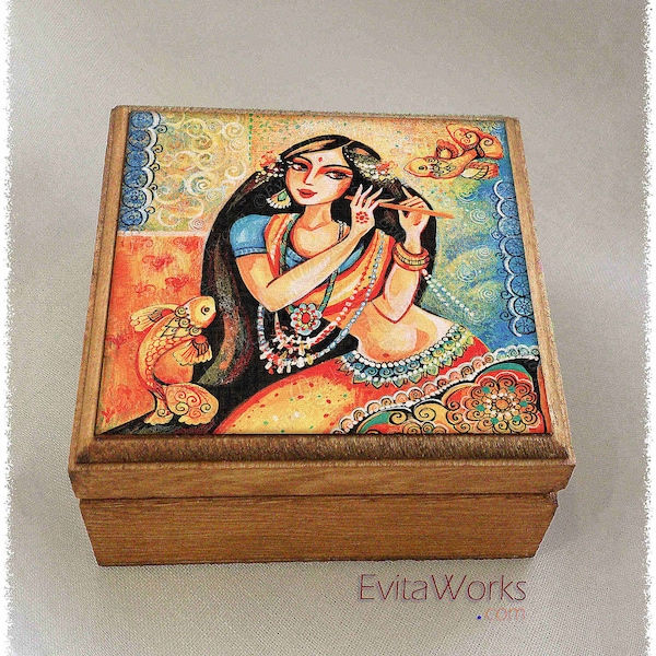 Desi dancer Indian mermaid home print on natural wooden box, divine feminine, treasure memories trinket chest