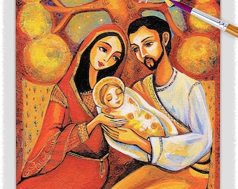 Sagrada Familia, obra de arte de la escena de la Natividad, nace un Salvador, escena del pesebre, altar casero católico, amor de los padres benditos, José María niño Jesús