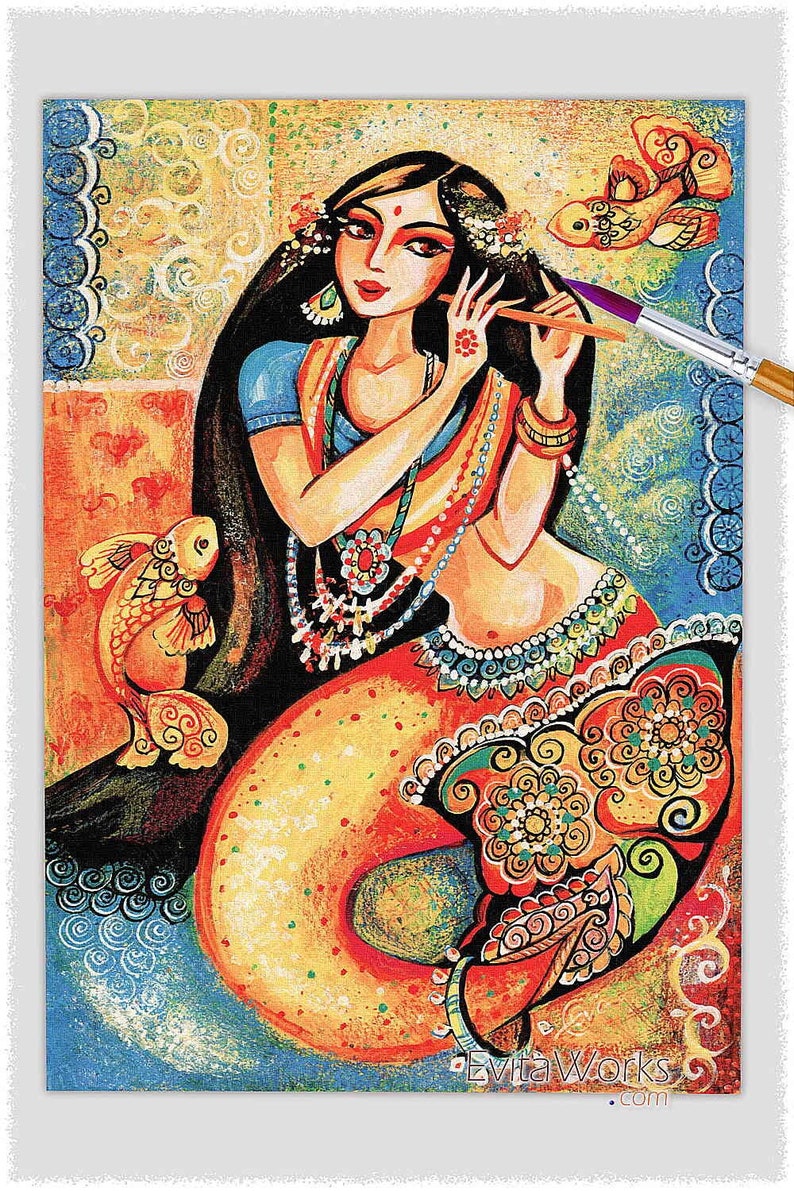 Indian dancer home decor artwork, Madhubani mermaid print image 1