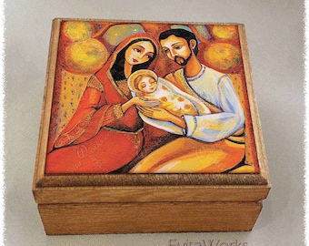 Holy Family, Nativity scene print on natural wooden box, a Savior is Born, Catholic home altar, rosary treasure memories trinket chest