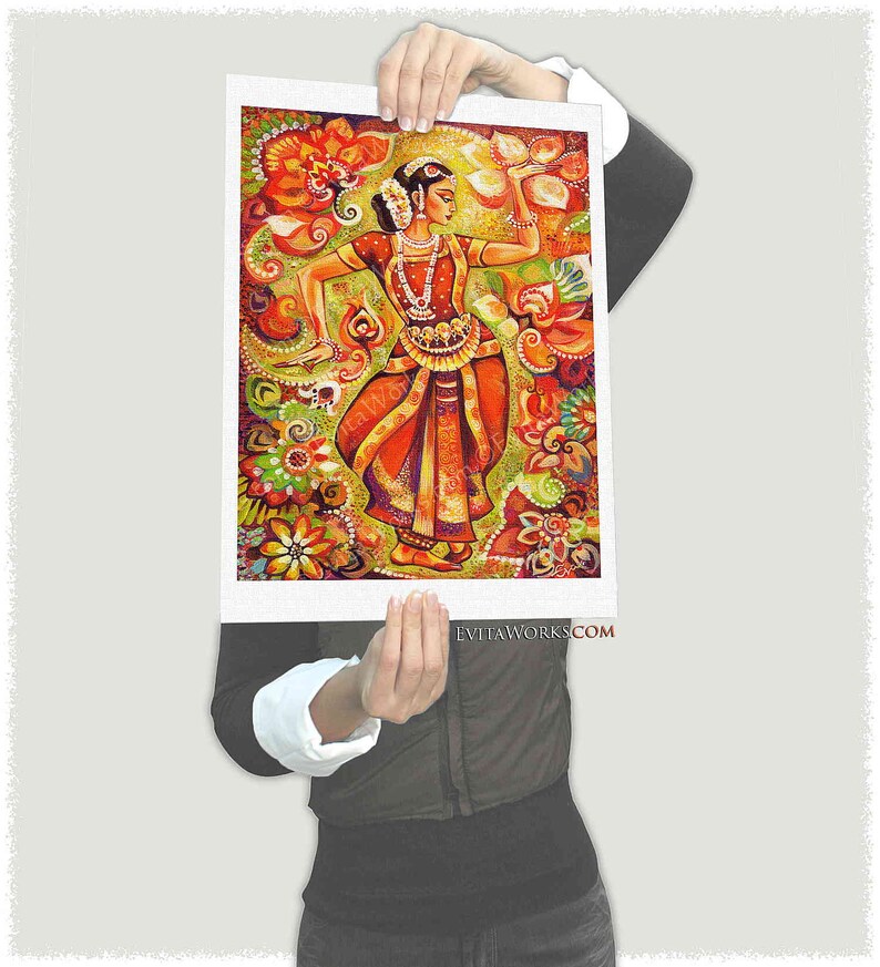 Indian classic dancer on canvas, Bharatanatyam, hands henna woman sari dress image 4