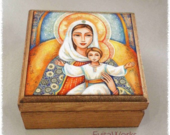 Blessed Mother Mary and Jesus child of God print on natural wooden box, modern Christian art, rosary treasure memories trinket chest