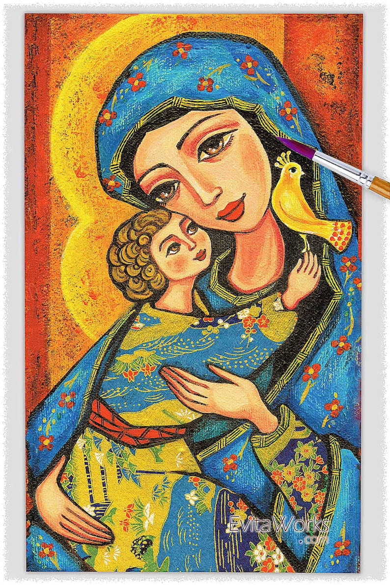 Blessed Mother Mary and Jesus child of God artwork, modern Christian art image 1