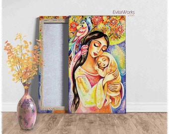 Mother loving child on canvas, spiritual maternity, modern Christian art decor