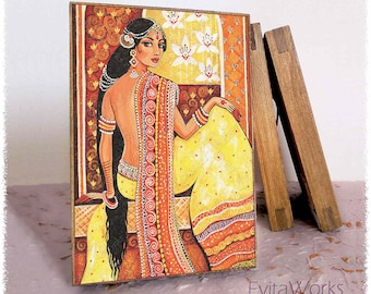 Indian woman in sari print on natural wooden block, Indian goddess art decor