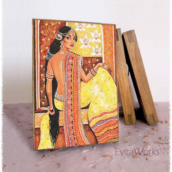 Indian woman in sari print on natural wooden block, Indian goddess art decor