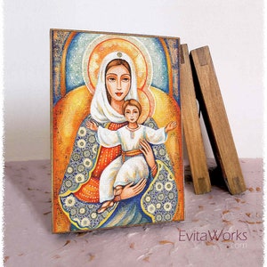 Beata Madre Maria e Gesù figlio di Dio, stampa su icona a blocco di legno naturale, arredamento di arte cristiana moderna